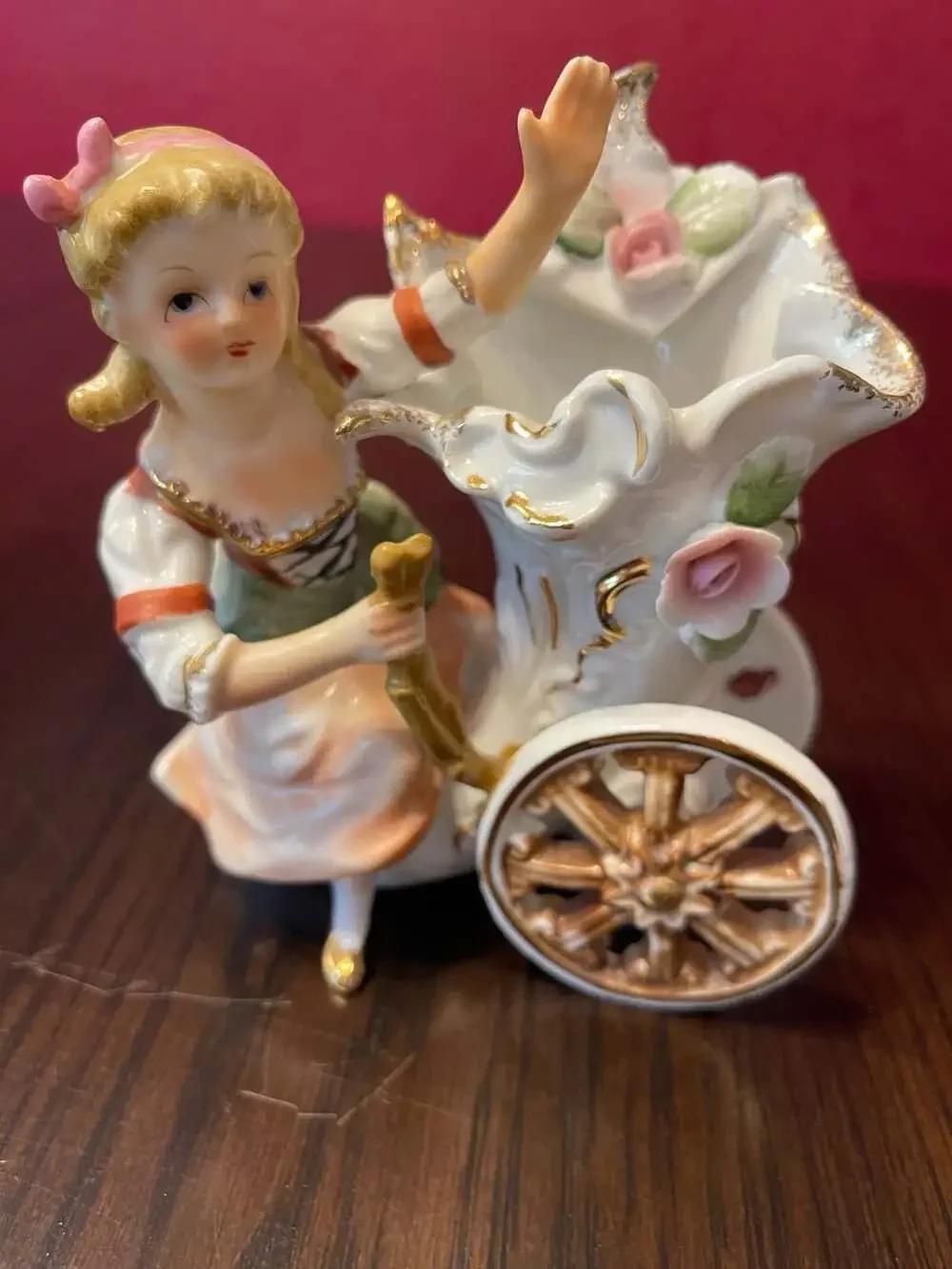 Vintage Porcelain Girl Pushing Floral Carriage Spill Vase Planter